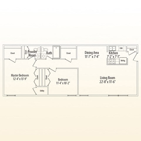 A floor plan of a home with a master bedroom, living room, dining area, kitchen, powder room, and bath.