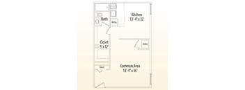 A floor plan of a kitchen with a bath and closets.