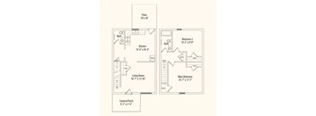 A floor plan of a house with a patio, kitchen, living room, and two bedrooms.