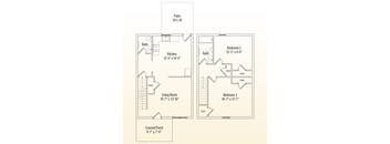 A floor plan of a house with a patio, two bedrooms, a living room, a kitchen, and a covered porch.