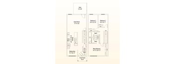 A drawing of a house layout with labeled rooms and dimensions.
