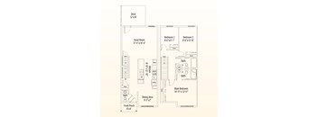 A floor plan of a house with a deck, two bedrooms, a great room, a dining area, a front porch, and a bathroom.