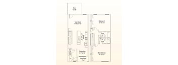 A floor plan of a house with a deck, two bedrooms, a great room, a dining area, a kitchen, and a front porch.