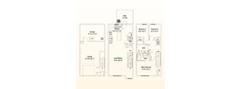 A floor plan of a house with a garage, two bedrooms, a kitchen, a bathroom, and a patio.