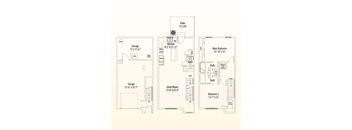 A floor plan of a house with a garage, kitchen, and two bathrooms.