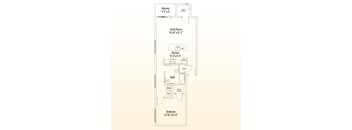 A floor plan of a home with a balcony, great room, kitchen, bath, and bedroom.