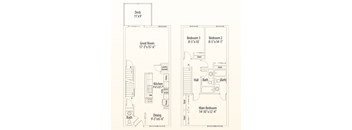 A floor plan of a house with a deck, two bedrooms, a great room, a kitchen, a dining area, a hall, two bathrooms, and a laundry space.