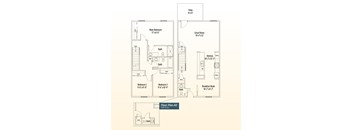 A floor plan of a two-bedroom apartment with a kitchen, bathroom, and breakfast nook.