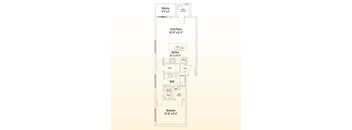 A floor plan of a house showing the layout of the kitchen, bathroom, and bedroom.