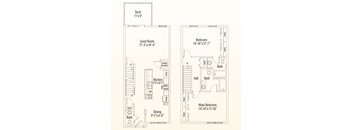 A floor plan of a house with a deck, great room, kitchen, dining room, bathrooms, and bedrooms.