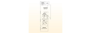 A floor plan of a small apartment with a living room, kitchen, bath, and bedroom.
