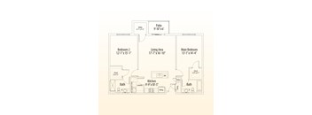 A floor plan of a house with a living area, two bedrooms, a kitchen, a bathroom, a laundry area, and a patio.