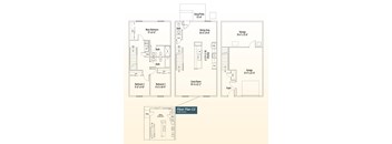 A set of four floor plans for a house with a stoop/patio, main bedroom, dining area, storage, garage, and two additional bedrooms.