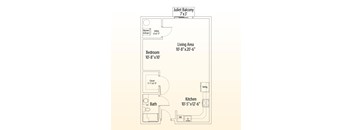 A floor plan of a Juliet balcony apartment with a living area, bedroom, bathroom, kitchen and closet.