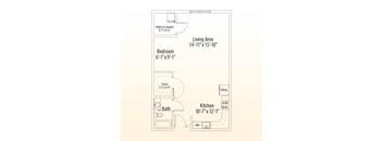 A floor plan of a small apartment with a bedroom, bathroom, kitchen, and living area.