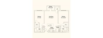 A floor plan of a home with three bedrooms, a great room, a laundry room, and a kitchen.