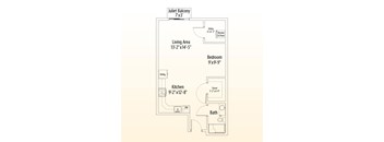A floor plan of a Juliet Balcony apartment with a living area, kitchen, bath, and bedroom.
