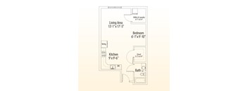 A floor plan of a small apartment with a living area, bedroom, kitchen, and bathroom.