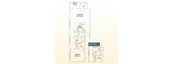 A floor plan of a home with a balcony, great room, kitchen, bath, and bedroom.