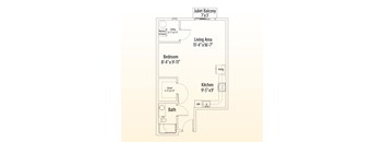 A floor plan of a Juliet balcony apartment with a living area, bedroom, kitchen and bath.