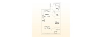 A floor plan of a small apartment with a kitchen, bath, bedroom, and living area.