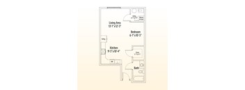 A floor plan of a small apartment with a living area, bedroom, kitchen, and bathroom.