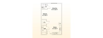A floor plan of a small apartment with a living area, bedroom, kitchen, and bathroom.