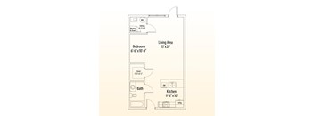 A floor plan of a small apartment with a bedroom, bathroom, kitchen, and living area.