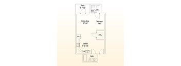A floor plan of a small apartment with a kitchen, living area, and bathroom.