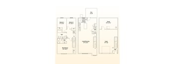 A floor plan of a house with a deck, two bedrooms, a living/dining area, a kitchen, a bathroom, a storage area, and a garage.