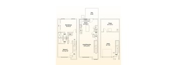 A floor plan of a house showing the layout of the main bedroom, kitchen, living/dining area, garage, and storage.