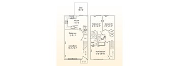 A floor plan of a house with a deck, kitchen, dining area, living room, and three bedrooms.