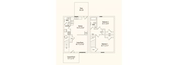 A floor plan of a house with a living room, kitchen, two bedrooms, and a patio.