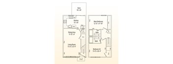A floor plan of a house with a deck, kitchen, dining area, living room, and two bedrooms.