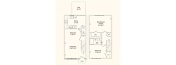 A floor plan of a house with a deck, kitchen, dining area, living room, and two bedrooms.