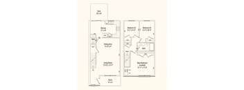 A floor plan of a house with a deck, kitchen, dining area, living room, two bathrooms, two bedrooms, and a porch.