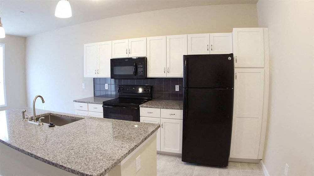 a kitchen with a black refrigerator and a sink