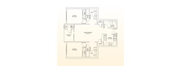 A floor plan of a house with two bedrooms, a living area, a kitchen, a pantry, a laundry room, and storage.