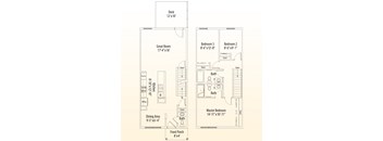 A floor plan of a house with a deck, two bedrooms, a great room, a dining area, a pantry, a kitchen, a front porch, and a master bedroom.
