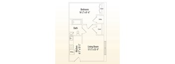 A floor plan of a small apartment with a bedroom, living room, kitchen, and bathroom.