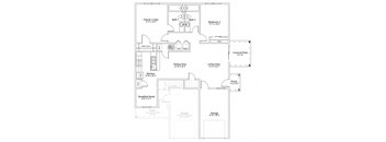 A floor plan of a house with a garage, two bedrooms, a dining area, a kitchen, a breakfast nook, a covered patio, and a living area.