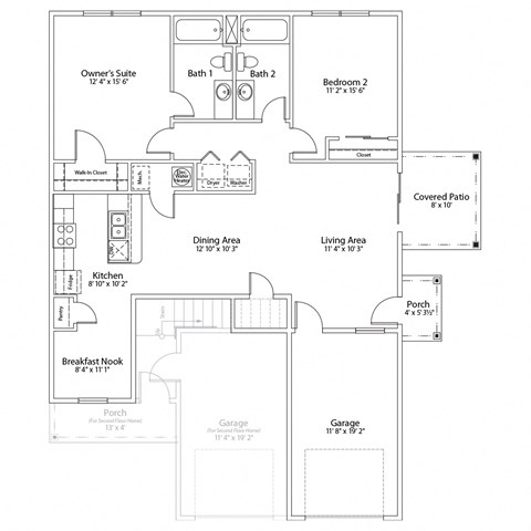 A floor plan of a house with a garage, two bedrooms, a dining area, a kitchen, a breakfast nook, a covered patio, and a living area.