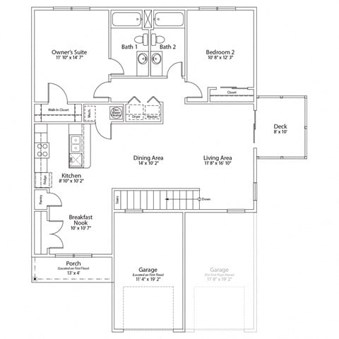 A floor plan of a house with a garage, two bedrooms, a dining area, a living area, a kitchen, a breakfast nook, a porch, and two bathrooms.