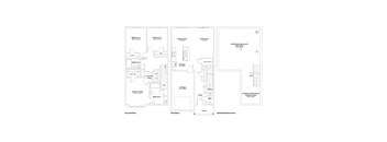 A floor plan of a house with two bedrooms, a bathroom, a kitchen, a dining area, a living area, a garage, a foyer, a porch, and an unfinished basement.
