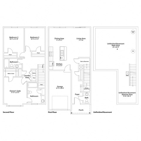 A floor plan of a house with two bedrooms, a bathroom, a kitchen, a dining area, a living area, a garage, a foyer, a porch, and an unfinished basement.