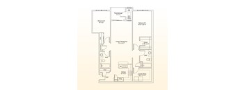 A floor plan of a house with two bedrooms, a living area, a kitchen, a bathroom, a laundry room, and a foyer.