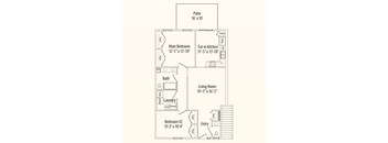 A floor plan of a home with a patio, pantry, two bedrooms, a living room, and an eat-in kitchen.