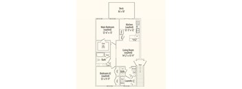 A drawing of a house floor plan with a deck, two bedrooms, a living room, a kitchen, and bathroom.