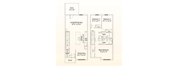 A floor plan of a small apartment with a deck, two bedrooms, a living/dining area, a kitchen, a bathroom, and a porch.