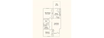 A floor plan of a home with a living room, two bedrooms, a bathroom, laundry, and a kitchen.
